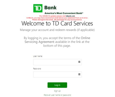 Continue to manage your credit card account and access rewards by logging in to tdcardservices. . Tdcard services